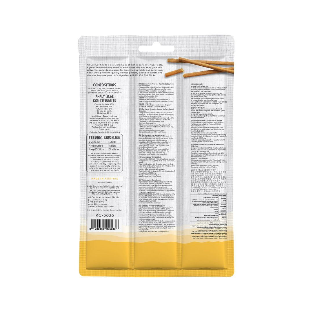 Kit Cat Sticks Atlantic Salmon is a rewarding cat treat that is perfect for your cats. A grain-free and meaty snack to encourage play and keep your pets active, this series is also great for teaching new tricks and behavior.