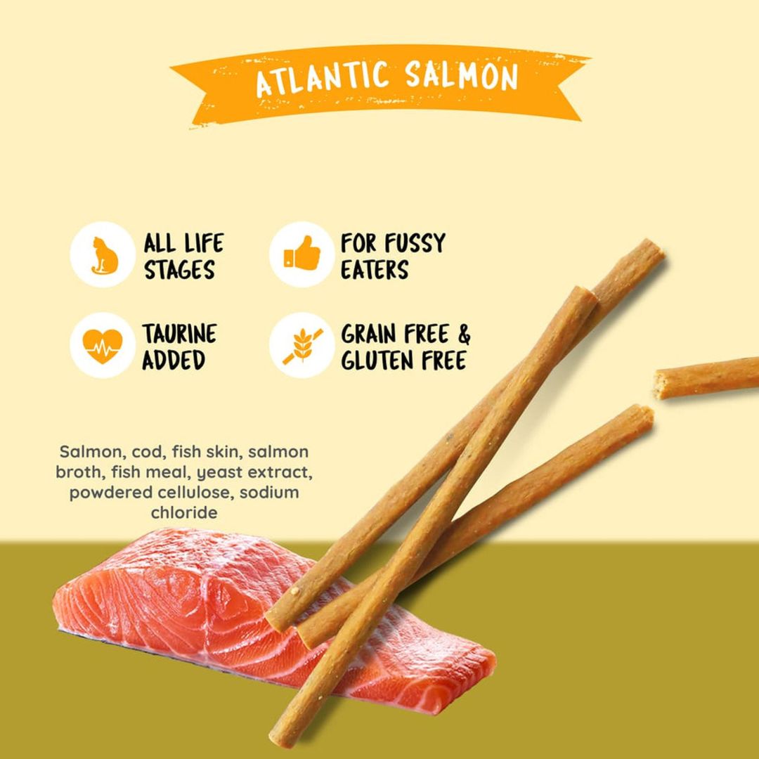 Kit Cat Sticks Atlantic Salmon is a rewarding cat treat that is perfect for your cats. A grain-free and meaty snack to encourage play and keep your pets active, this series is also great for teaching new tricks and behavior.