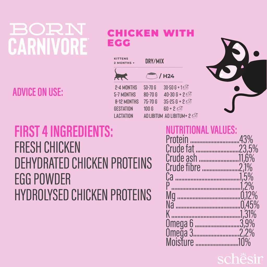 Schesir Born Carnivore Grain Free Oven Baked Dry Food [High-Protein] For Kitten - Chicken & Egg 255g