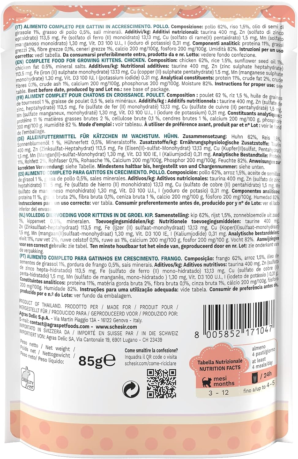Schesir Kitten Care Pouch In Jelly 3-12 Chicken Wet Food 85g
