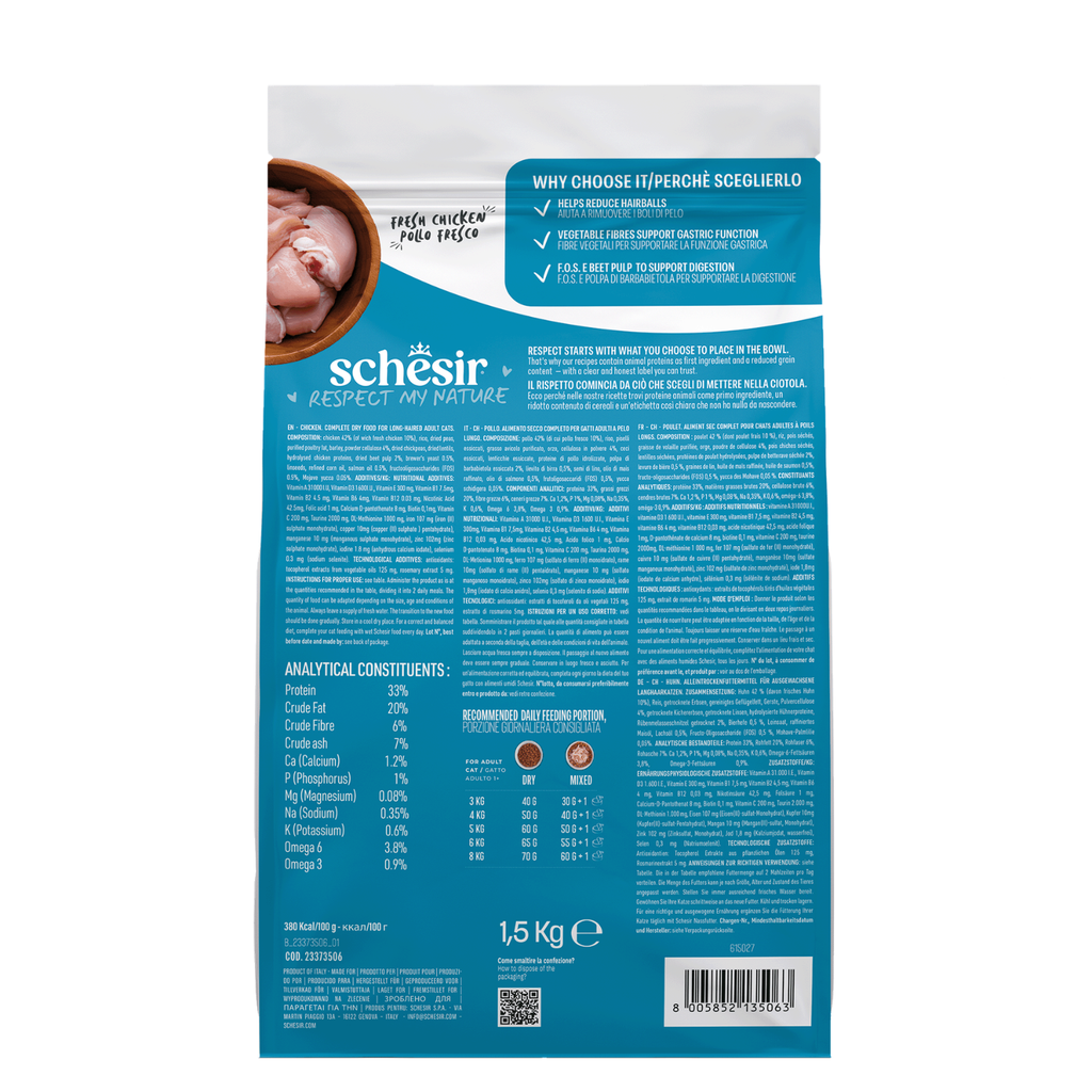 Schesir Monoprotein Adult Dry Cat Food – Hairball-Fresh Chicken