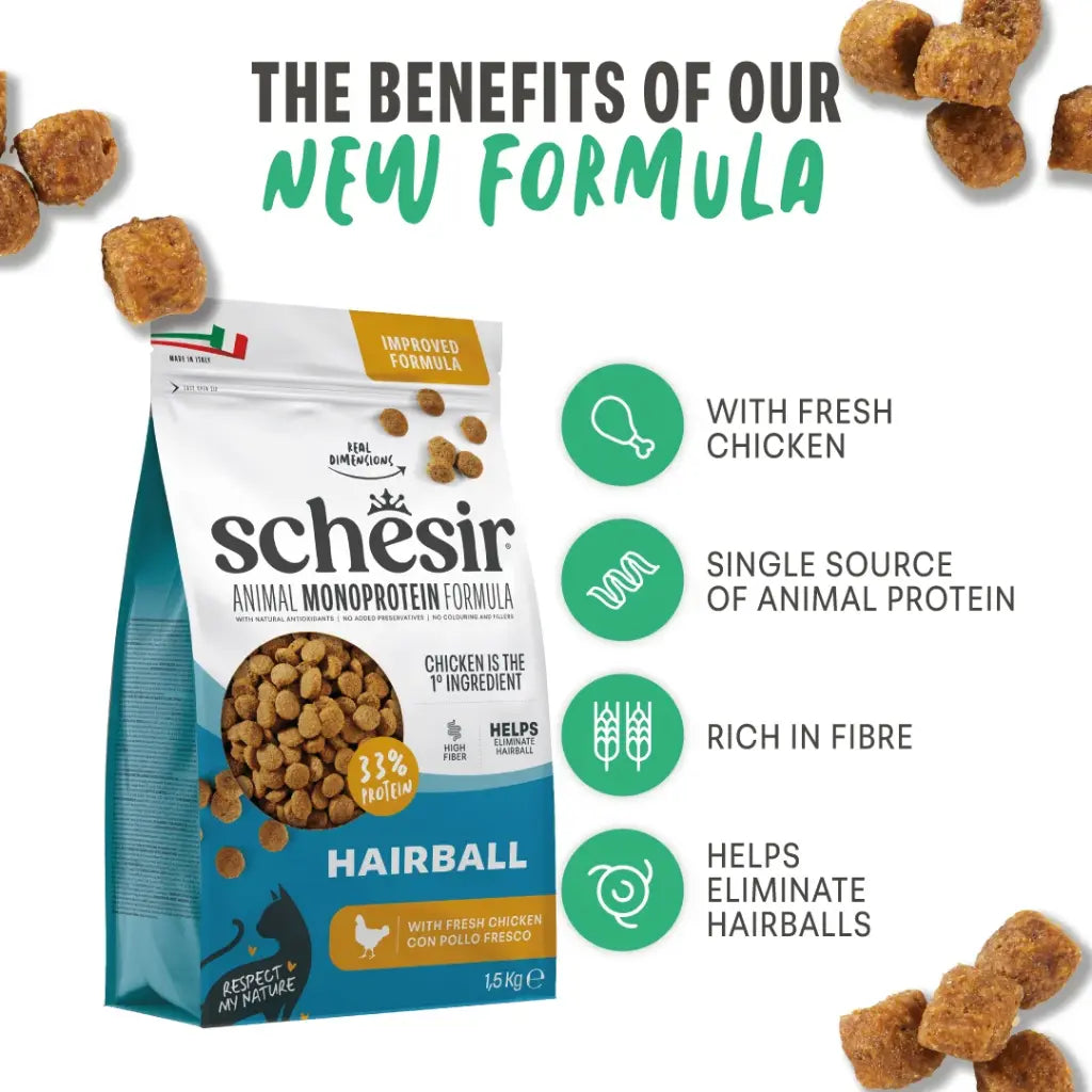 Schesir Monoprotein Adult Dry Cat Food – Hairball-Fresh Chicken