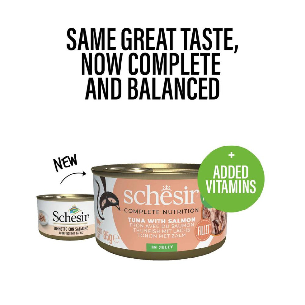 Schesir Tuna With Salmon 85g Complete & Balanced Nutrition Wet Cat Food in Jelly Can