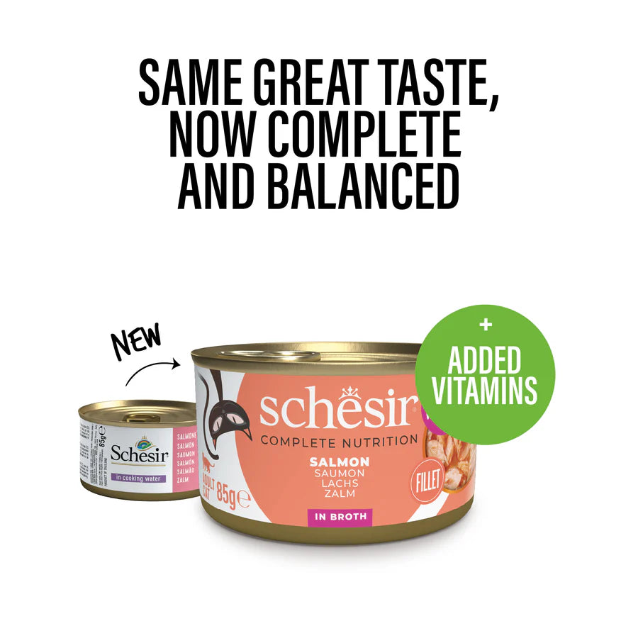 Schesir Natural Salmon 85g Complete & Balanced Nutrition Wet Cat Food in Broth Can