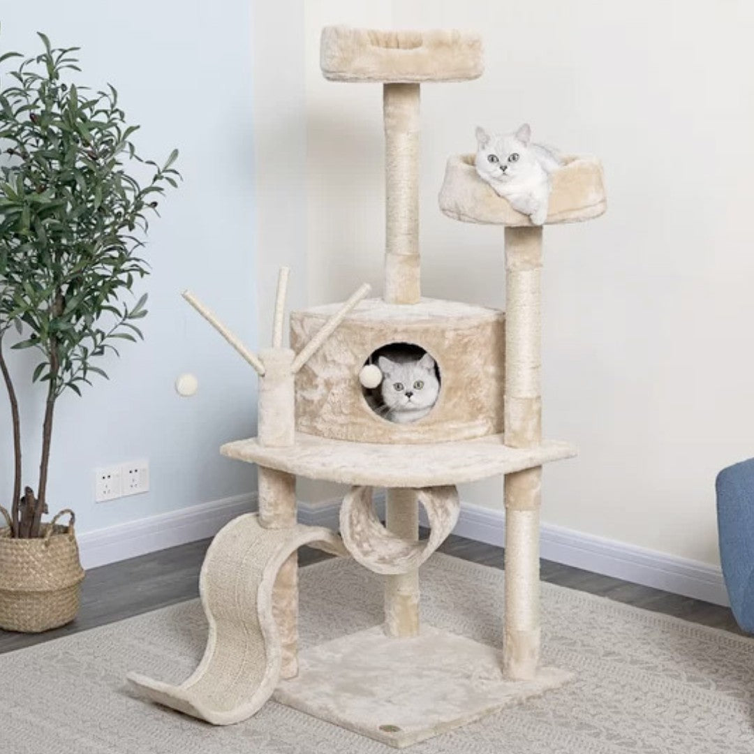 Go Pet Club 55 Whiskers Cat Tree With various levels of perches, a cozy condo space, a tunnel tube, engaging hanging toys, and high plush beds- Home.