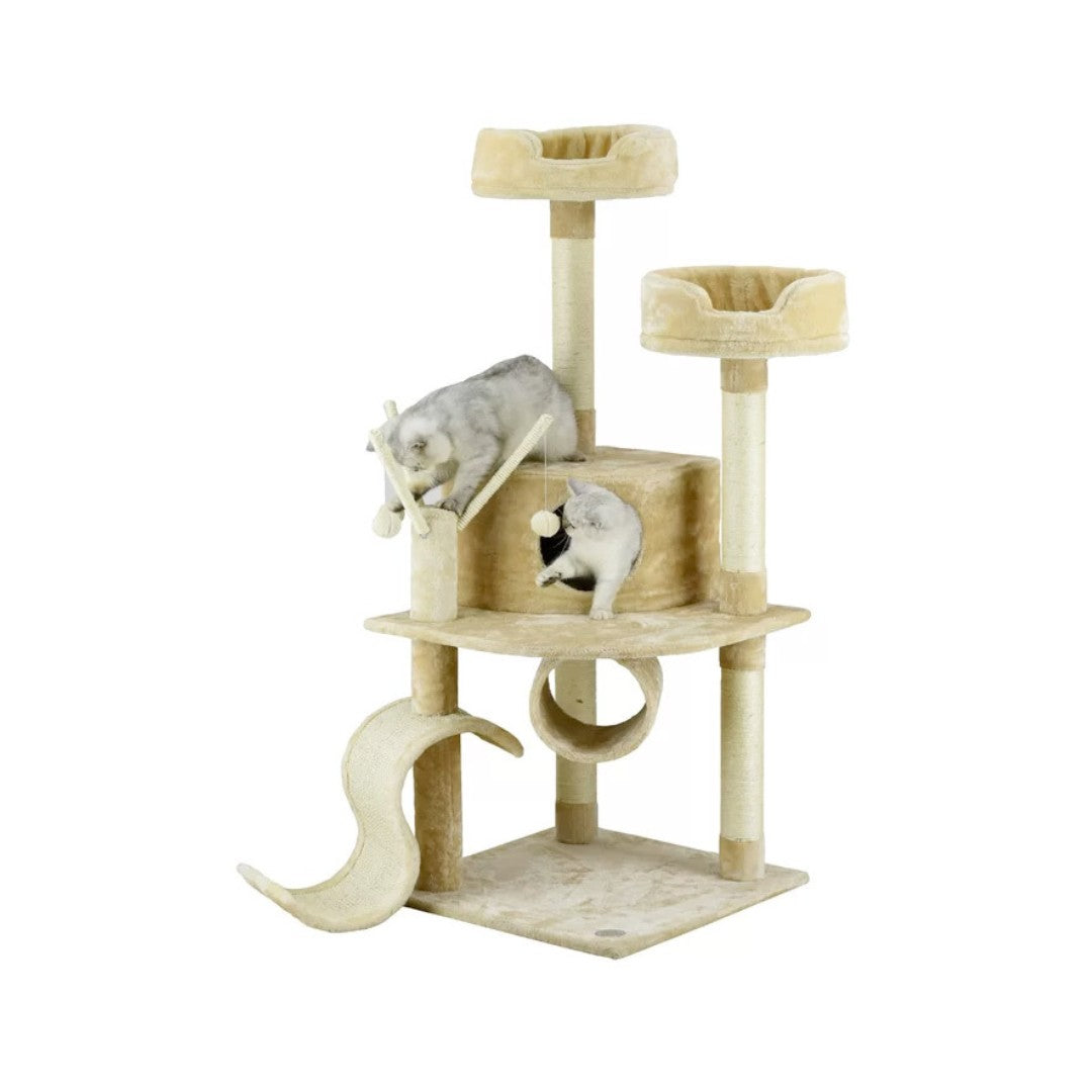 Go Pet Club 55 Whiskers Cat Tree With various levels of perches, a cozy condo space, a tunnel tube, engaging hanging toys, and high plush beds- with Cats.
