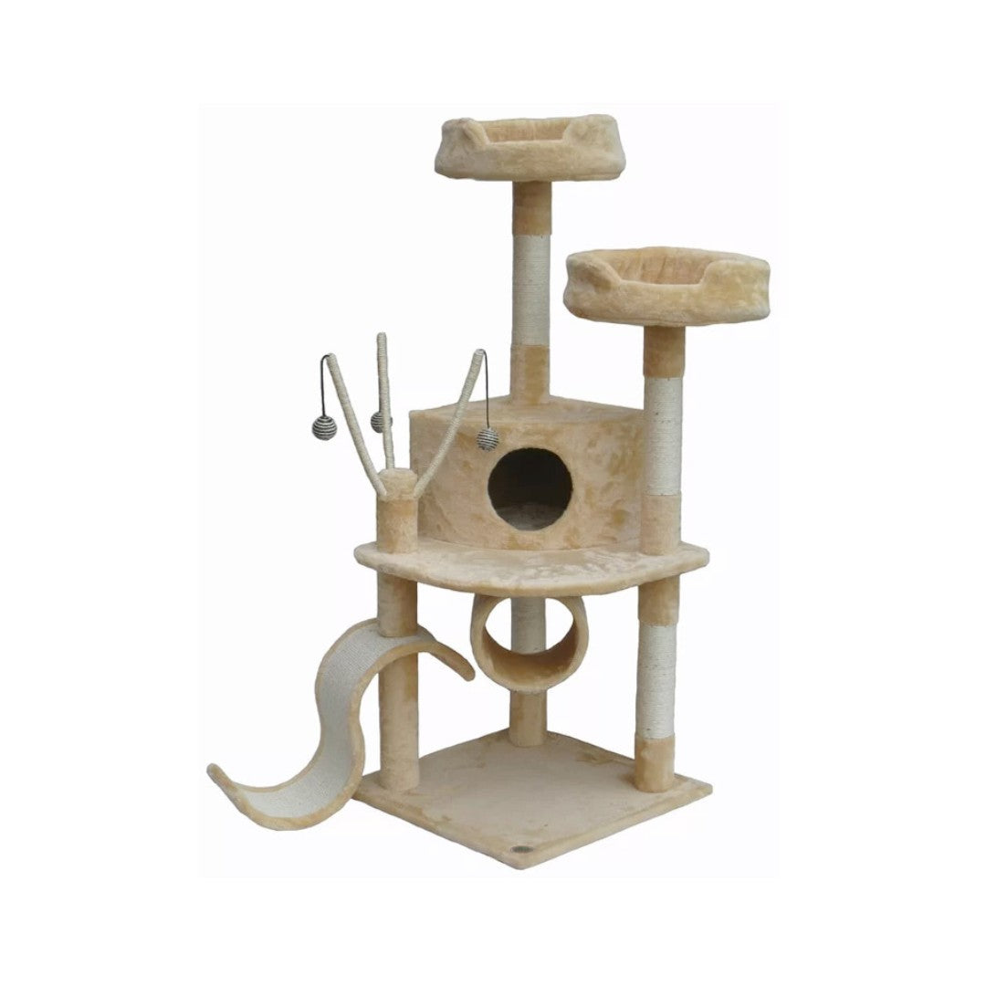 Go Pet Club 55 Whiskers Cat Tree With various levels of perches, a cozy condo space, a tunnel tube, engaging hanging toys, and high plush beds.