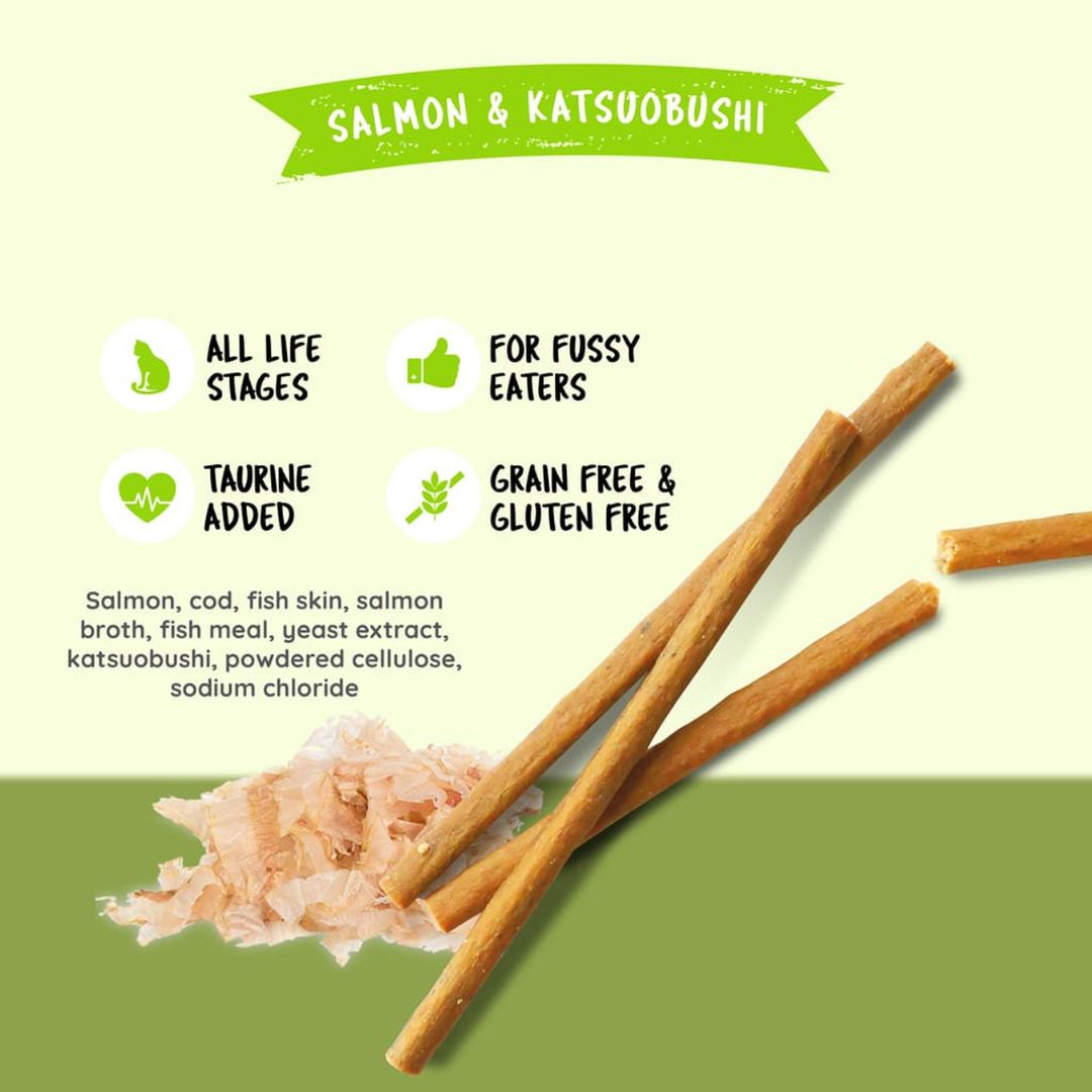 Kit Cat Cat Sticks Salmon & Katsuobushi is a rewarding cat treat that is perfect for your cats. A grain-free and meaty snack to encourage play and keep your pets active, this series is also great for teaching new tricks and behavior.