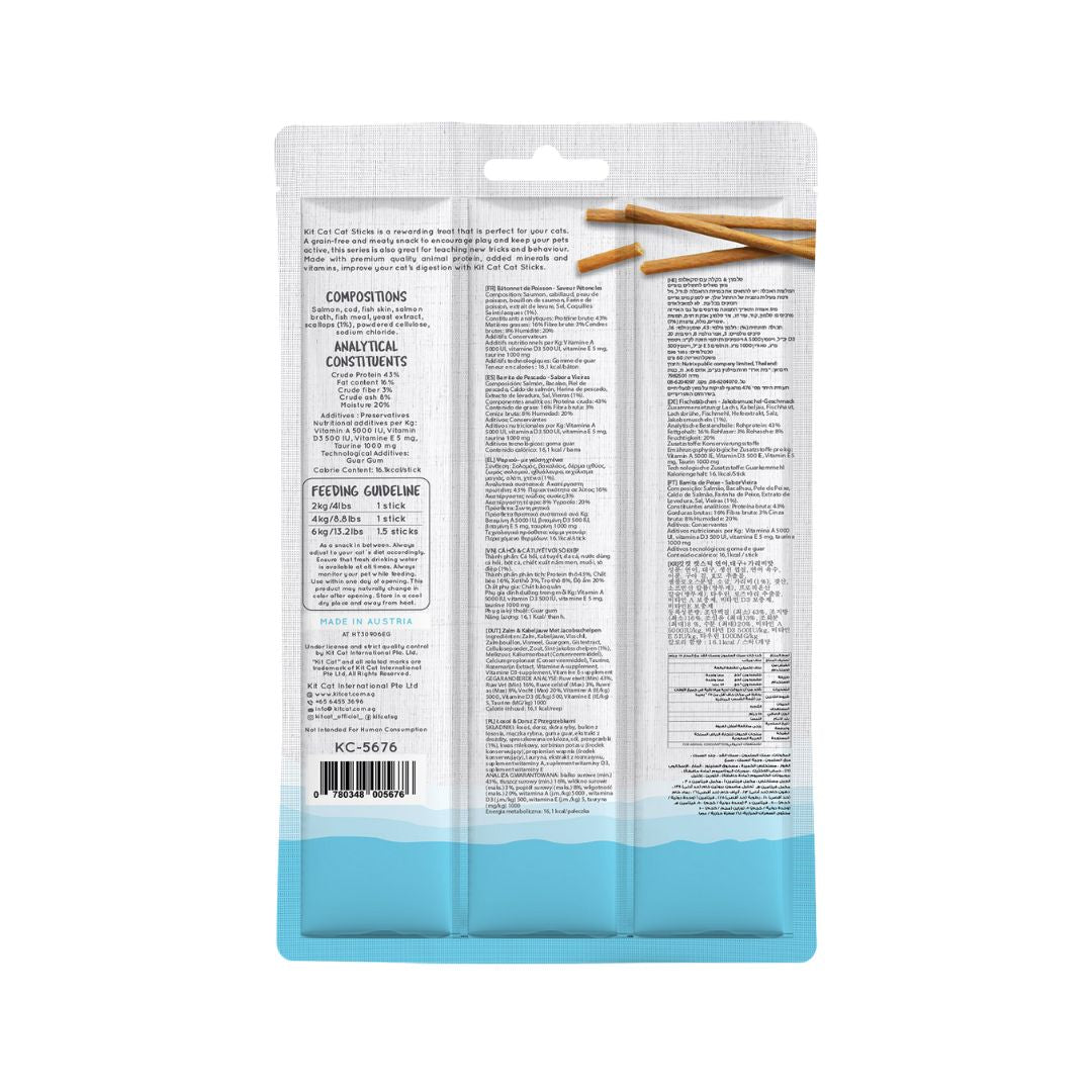 Kit Cat Cat Sticks Salmon & Scallop is a rewarding cat treat that is perfect for your cats. A grain-free and meaty snack to encourage play and keep your pets active, this series is also great for teaching new tricks and behavior.