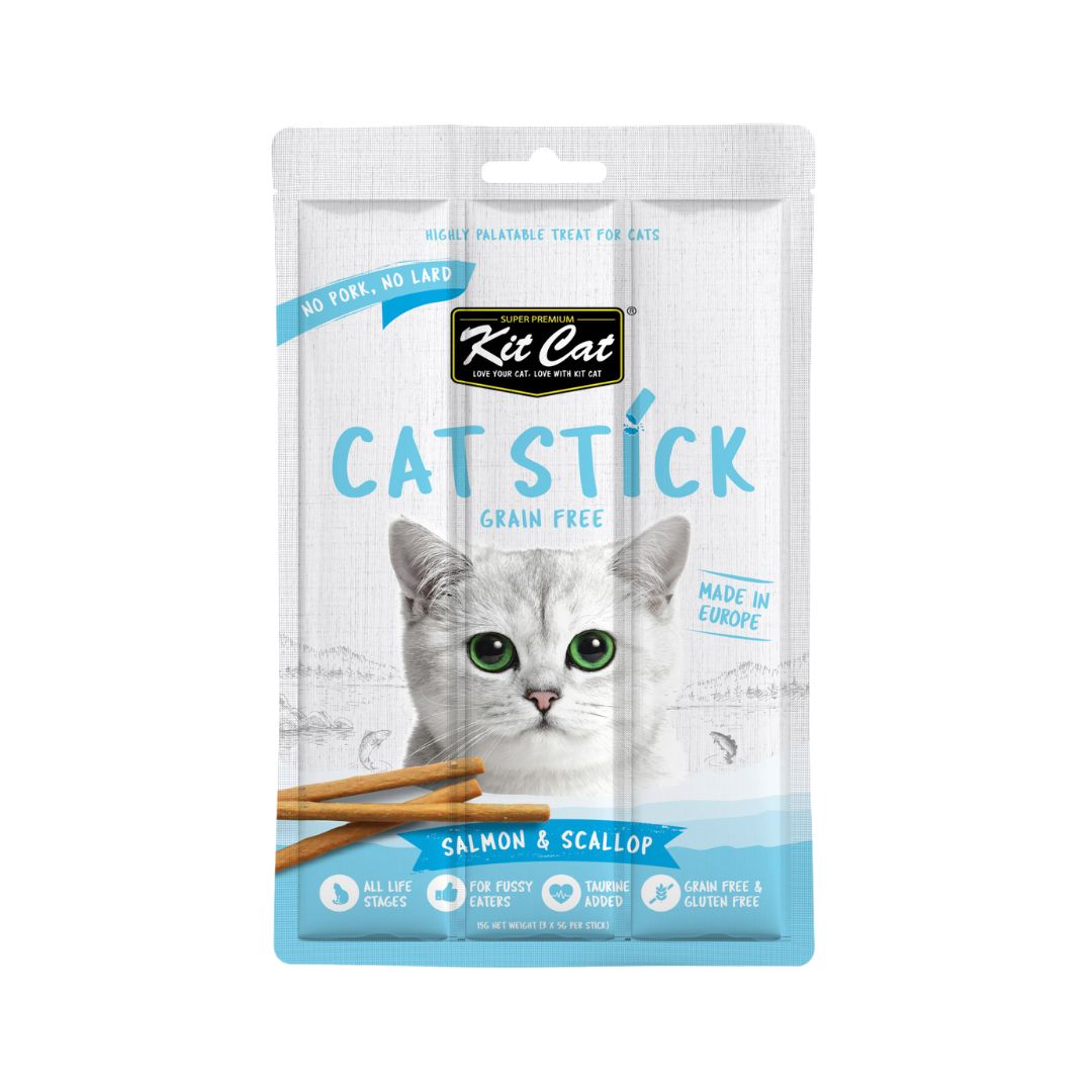 Kit Cat Cat Sticks Salmon & Scallop is a rewarding cat treat that is perfect for your cats. A grain-free and meaty snack to encourage play and keep your pets active, this series is also great for teaching new tricks and behavior.