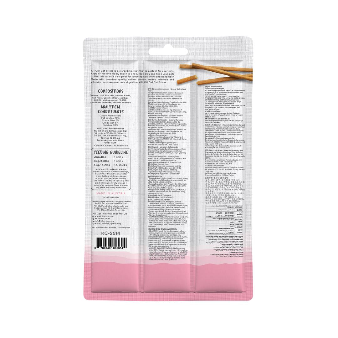 Kit Cat Sticks Salmon & Seafood is a rewarding cat treat that is perfect for your cats. A grain-free and meaty snack to encourage play and keep your pets active, this series is also great for teaching new tricks and behavior.