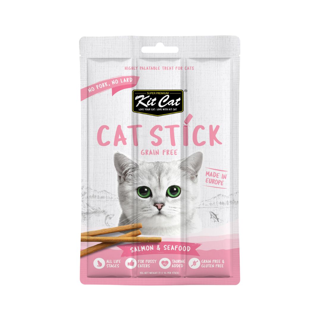 Kit Cat Sticks Salmon & Seafood is a rewarding cat treat that is perfect for your cats. A grain-free and meaty snack to encourage play and keep your pets active, this series is also great for teaching new tricks and behavior.