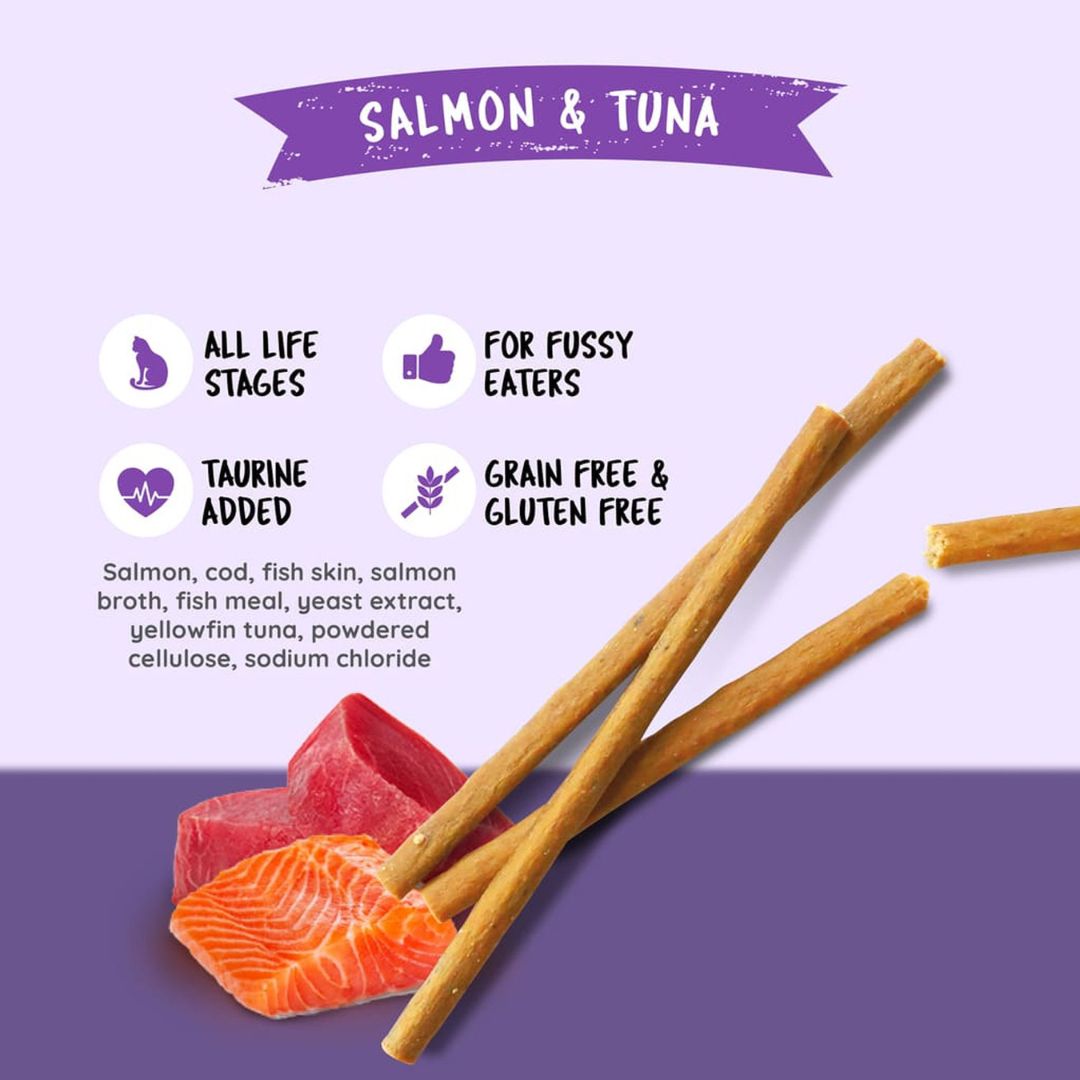 Kit Cat Sticks Salmon & Tuna is a rewarding cat treat that is perfect for your cats. A grain-free and meaty snack to encourage play and keep your pets active, this series is also great for teaching new tricks and behavior.
