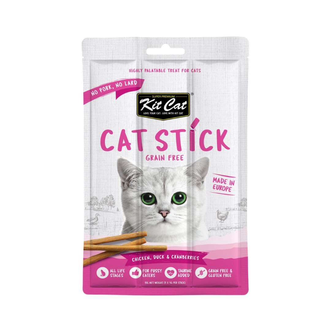 Kit Cat Sticks Chicken Duck & Cranberries is a rewarding cat treat that is perfect for your cats. A grain-free and meaty snack to encourage play and keep your pets active, this series is also great for teaching new tricks and behavior.