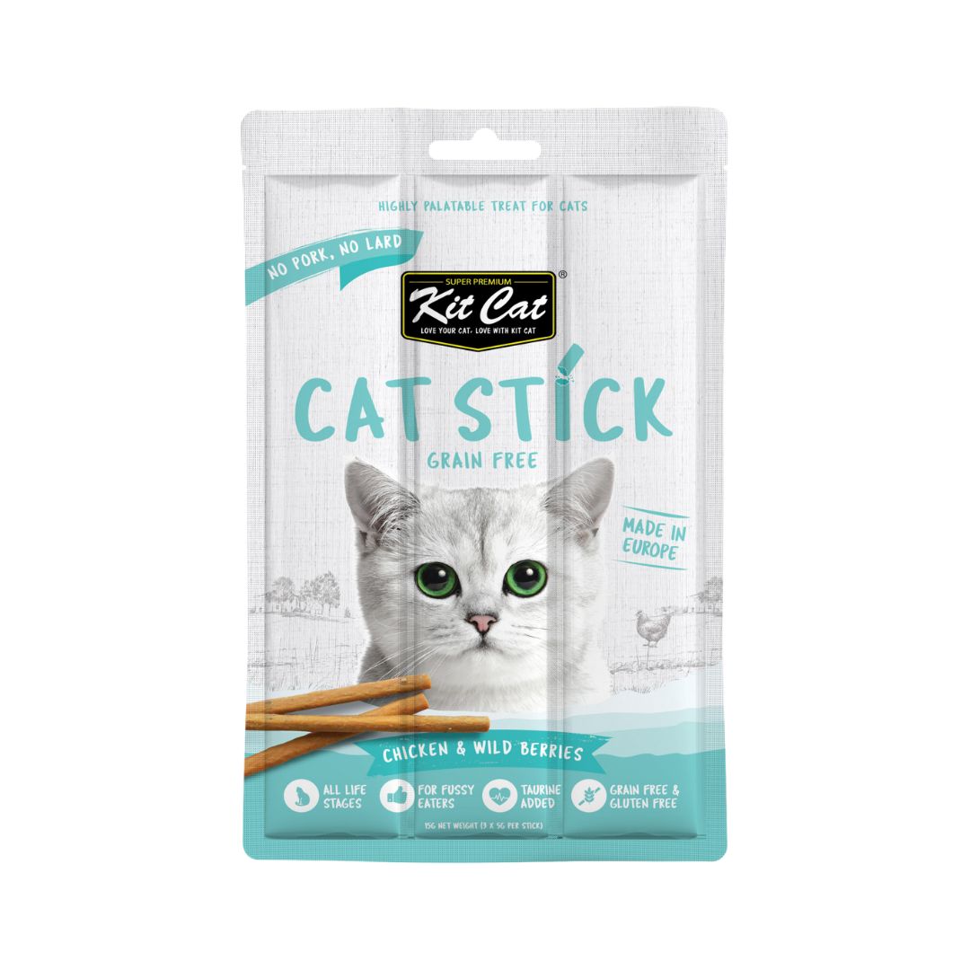 Kit Cat Sticks Chicken & Wild Berries is a rewarding cat treat that is perfect for your cats. A grain-free and meaty snack to encourage play and keep your pets active, this series is also great for teaching new tricks and behavior.