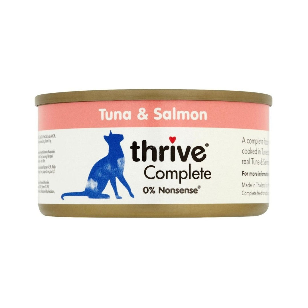 Thrive Tuna & Salmon is cooked in a fish broth with added vitamins and minerals to give your cat a completely nutritionally balanced meal.